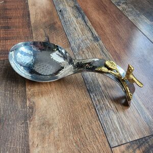Vtg 10" Hammered Stainless Steel Spoon Rest W/ Brass Bird Cottage Nature Lover